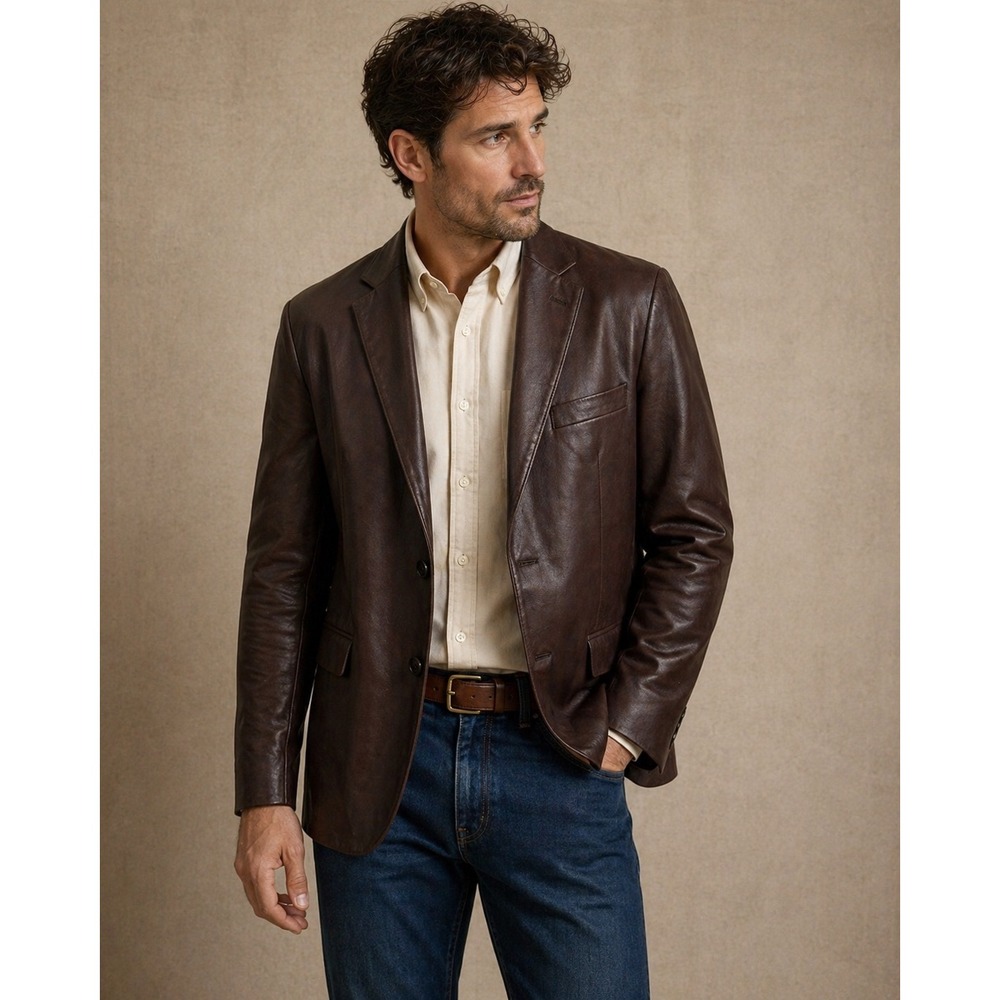 Lauren Ralph Lauren Blazer Mens 46R Brown Faux Suede Leather Sport Coat 2-Button